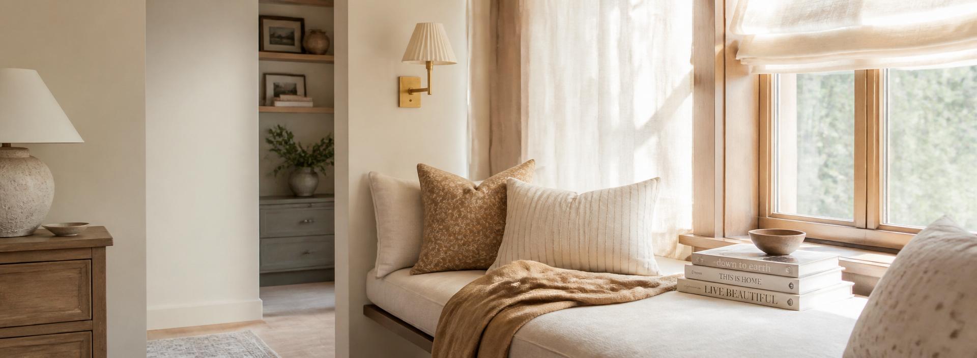 Warm editorial interior: a sunlit reading nook with a linen-cushioned window seat, soft caramel throw, a small stack of elegant books and sheer linen curtains diffusing morning light.