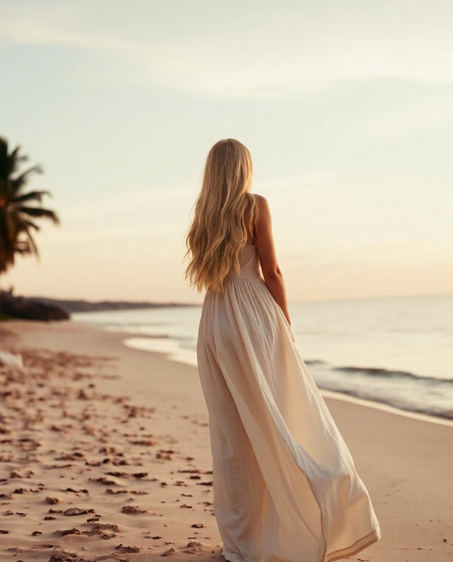 A woman in linen at the shore at dusk