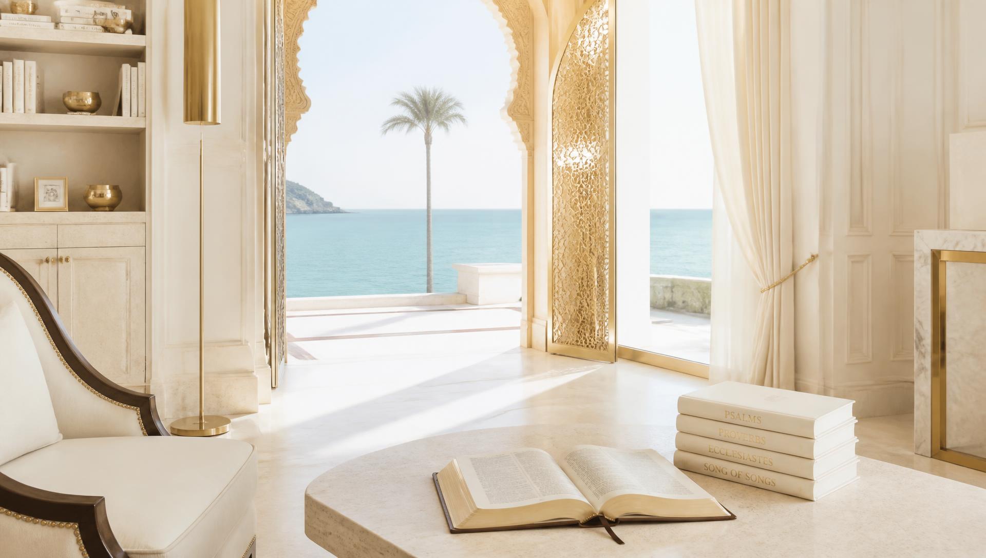 A sunlit villa reading room with a carved arch opening to a terrace, crystal turquoise sea and a lone palm beyond, an open Bible and cream hardcover books on a travertine table.