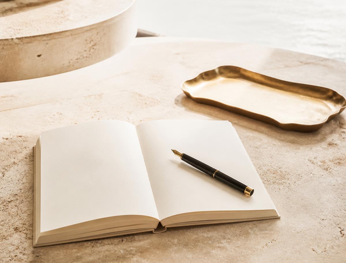 An open journal and fountain pen on a sunlit travertine table