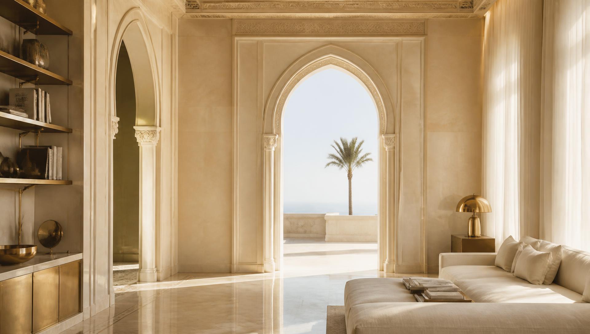 Sunlit villa library with a carved arch opening onto a terrace, a lone palm against a pale sky, ivory linen seating and aged brass shelving.