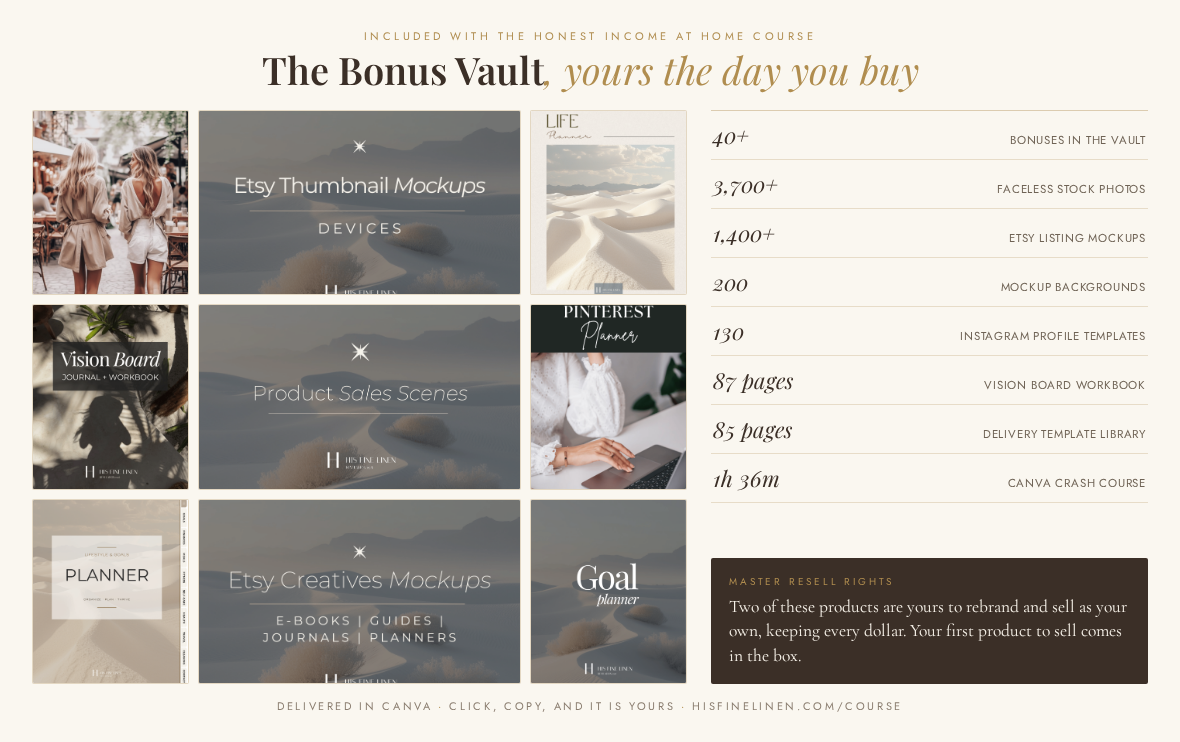 The Bonus Vault: previews of the Canva bonuses included with the course